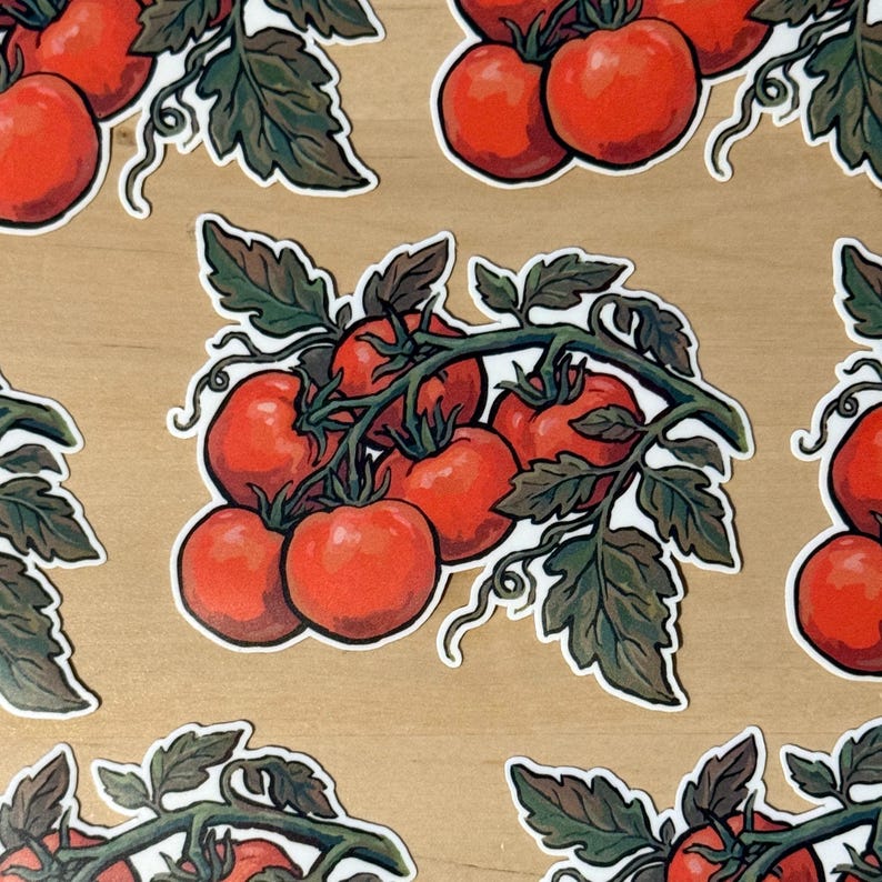 May include: A repeating pattern of stickers featuring clusters of bright red tomatoes on green vines with dark green leaves. Each sticker shows a group of round tomatoes attached to a stem with curling tendrils, rendered in a detailed illustration style.