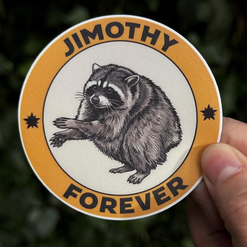 K&ouml;nnte beinhalten: Ein runder Aufkleber mit einer zentralen Illustration eines grauen und schwarzen Waschb&auml;ren. Der Waschb&auml;r ist von einem orangefarbenen Rand umgeben, mit dem schwarzen Text JIMOTHY oben und FOREVER unten, akzentuiert durch zwei kleine schwarze Sterne.