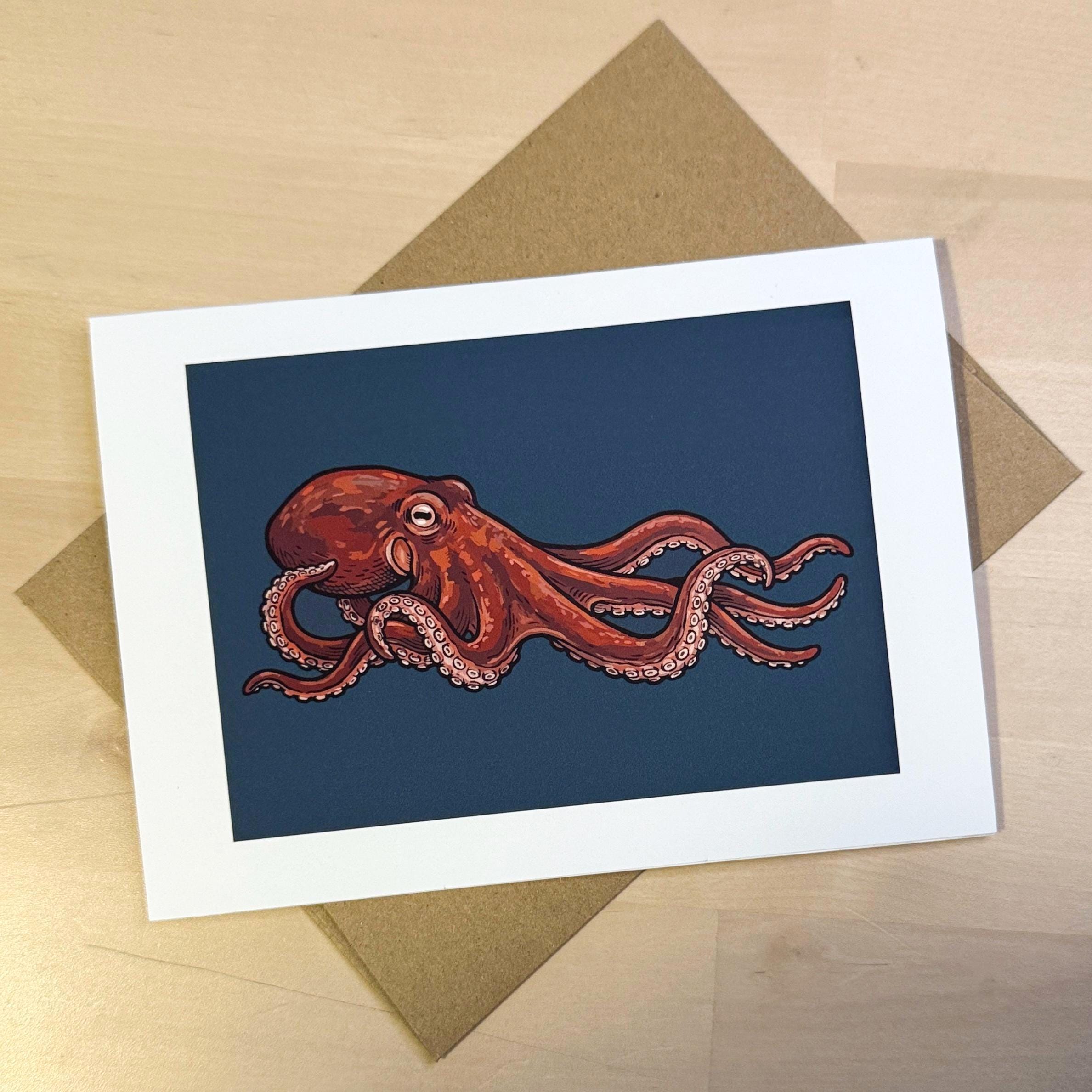 Octops Card Giant Pacific Octopus Greeting Card - Cephalopod Art Card - Blank ...