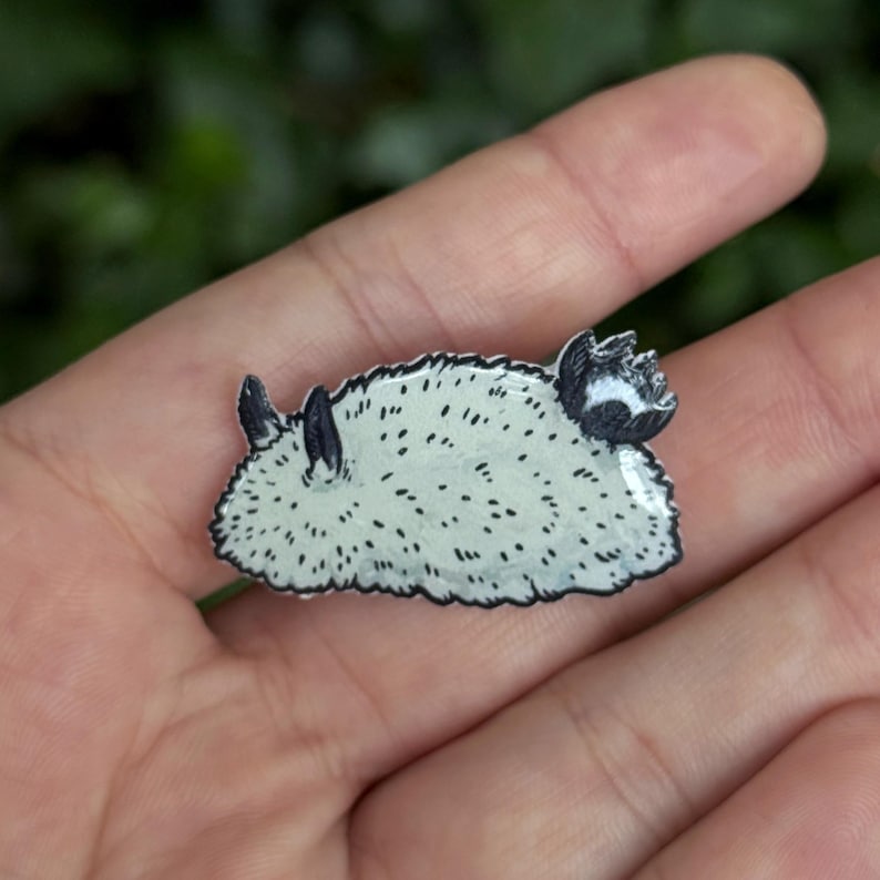 Puede incluir: Un peque&ntilde;o pin de esmalte con forma de babosa marina, que presenta un cuerpo de color verde menta p&aacute;lido con motas negras, dos rin&oacute;foros oscuros erguidos a la izquierda y una estructura branquial oscura y rizada a la derecha, bordeado en negro.