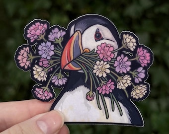 Atlantic Puffin Sticker - Cute Seabird with Flowers - Ornithology Gift - Waterproof Vinyl Decal - Spring Gift - 3 Inch