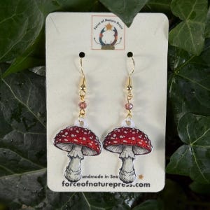 Fly Agaric Mushroom Earrings - Amanita Jewelry - Cottagecore Earrings - Mycology Gift - Goblincore Earrings - Handmade Toadstool Dangles Gold