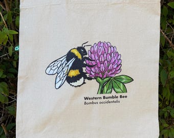 Borsa tote con ape bombo occidentale su trifoglio - Borsa tote in tela di cotone con ape - Borsa da giardino per impollinatori - Regalo per naturalisti del Pacifico nord-occidentale - Borsa multiuso per il mercato contadino