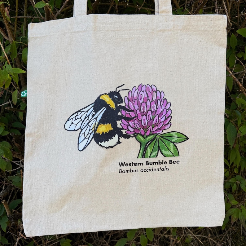 K&ouml;nnte beinhalten: Eine naturfarbene Stofftasche mit einer grafischen Illustration einer Westlichen Hummel, Bombus occidentalis, die auf einer rosa Klee-Bl&uuml;te sitzt. Das Design enth&auml;lt den schwarzen Schriftzug Western Bumble Bee und Bombus occidentalis.