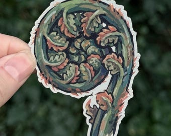 Pegatina de helecho cabeza de violín - Helecho espada occidental - Ilustración botánica - Vinilo impermeable - Naturaleza del Noroeste del Pacífico