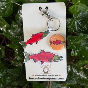 May include: A set of salmon-themed accessories, including a keychain, two stickers, and a button. The keychain and stickers feature a red salmon with green details. The button has an orange background with a salmon illustration. The text "forceofnaturepress.com" is visible.