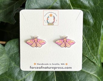 Rosy Maple Moth Stud Earrings, Handmade Insect Jewelry, Pink Moth Nature Art Studs, Cute Bug Lover Gift, Cottagecore Wildlife Earrings