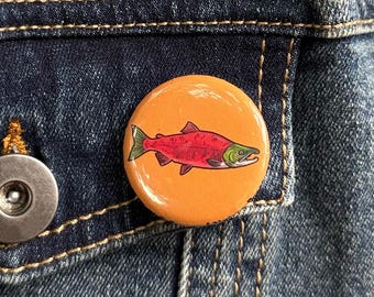 Sockeye Salmon Button - 1.25" Badge - PNW Wildlife Art - Fisherman Gift - Marine Biology - Spawning Phase