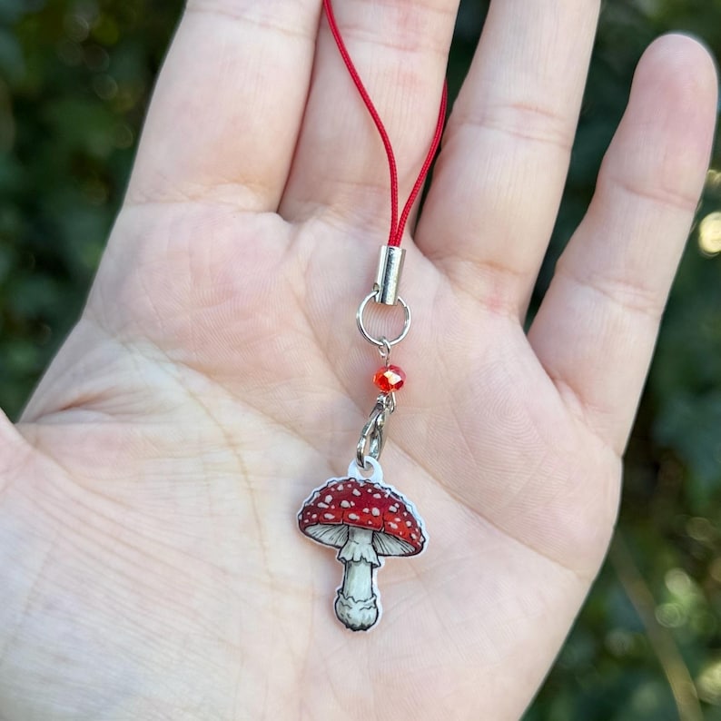 Fly Agaric Mushroom Phone Charm - Amanita Bag Charm - Mushroom Lover Gift - E-reader Charm - Fungi Jewelry - Cottagecore Accessory image 1