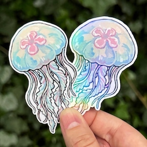 Pu&ograve; includere: Due adesivi fustellati raffiguranti meduse con campane traslucide azzurre e bianco iridescente, centri rosa a quattro lobi e lunghi tentacoli ondulati e fluenti in tonalit&agrave; azzurro pallido, rosa e bianco con un bordo bianco distinto.