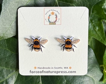 Western Bumblebee Stud Earrings - Handmade Bee Jewelry - Cute Insect Nature Art Studs - Pollinator Lover Gift - PNW Wildlife Cottagecore