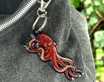 Llavero de pulpo gigante del Pacífico - Cefalópodo - Animal del océano Pacífico - Biología marina - Llavero ligero de resina brillante de 7,6 cm para bolso