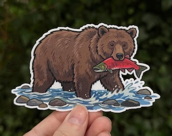 Adesivo orso bruno - Orso grizzly che cattura salmone - Arte naturalistica del Pacifico nord-occidentale - Decalcomania per escursionismo e campeggio - Vinile impermeabile da 4 pollici