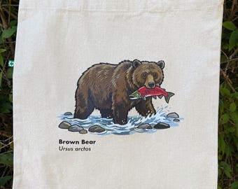 Borsa tote con orso bruno - Borsa tote in tela di cotone con orso grizzly - Borsa con fauna selvatica del Pacifico nord-occidentale - Regalo per escursionisti e campeggiatori - Illustrazione di pesca al salmone - Porta tutto