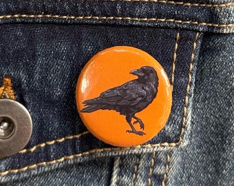 American Crow Button - 1.25" Pin Badge - Corvid Art - Dark Academia Accessory - Poetcore - Goth Bird Gift