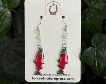 Sockeye Salmon Earrings - Fish Earrings - PNW Jewelry - Marine Biology Gift - Salmon Jewelry - Handmade Pacific Northwest Dangle Earrings
