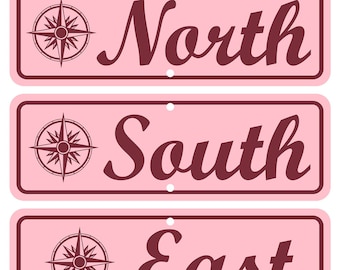 North, East, South and West - Set of all 4 Directional Signs in Pink - 12"x4" Aluminum Sign Made in USA by US Vets
