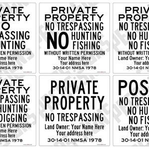 May include: A set of six white square signs with black text. Each sign features variations of Private Property, No Trespassing, No Hunting, No Fishing, or No Digging warnings, including placeholders for names, addresses, and the citation 30-14-01 NMSA 1978.