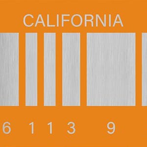 May include: A rectangular orange license plate featuring the word CALIFORNIA at the top, the numbers 20 and 15 in the upper corners, and a series of vertical silver metallic bars. The bottom edge displays the numerical sequence 1 3 6 1 1 3 9 6 6.