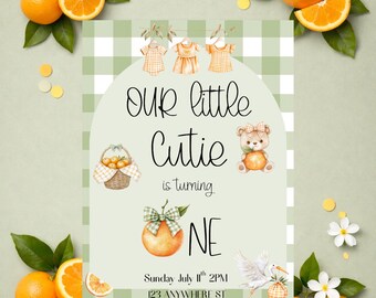 Orange First Birthday Invitation, Little Cutie, Our Little Cutie Is Turning One, Orange Citrus Birthday, Canva Editable, Digital Printable