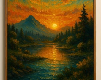 Descarga digital de arte mural de paisaje de montaña al atardecer