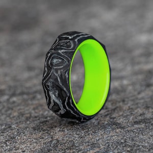 Damascus Style Carbon Fiber Ring with a Green Glow Core