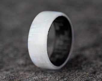 Synthetic Mother of Pearl Band W/Carbon Fiber Band, Mens Wedding Band, Mens Pearl Ring, Mens Ring, Carbon Band