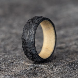 Rough Cut Carbon Fiber Ring with a Natural Pine Wood Core