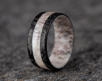 Elk Antler Ring W/ Carbon Fiber Stripes, Elk Antler Rings, Unique Wedding Ring, Natural Shed Antler, Natural Antler Shed Ring Mens Ring,