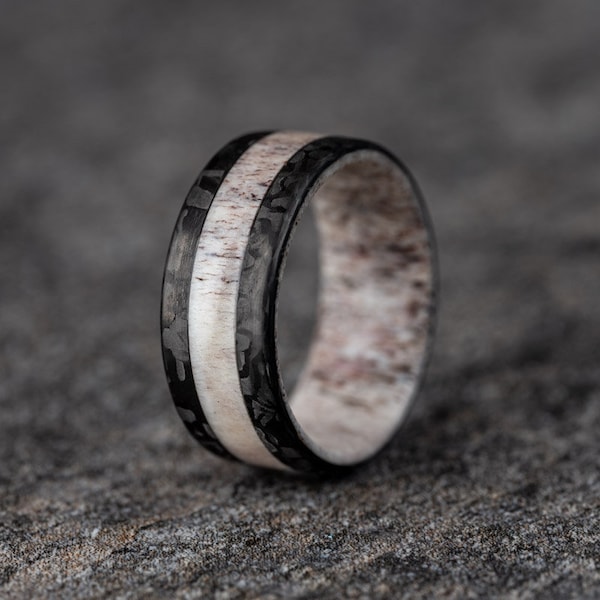 Elk Antler Ring W/ Carbon Fiber Stripes, Elk Antler Rings, Unique Wedding Ring, Natural Shed Antler, Natural Antler Shed Ring Mens Ring,