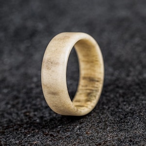 May include: A light-colored ring with a smooth, rounded design. The ring has a natural, organic appearance with subtle variations in color and texture. The ring is made of a light beige material with darker brown streaks.