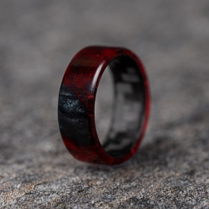 Red and Black Midnight Resin Ring with Pure Carbon Fiber Band - Red Carbon Fiber Ring - Carbon Band Red Resin Ring