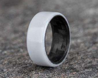 Grey Corian Band W/Carbon Fiber Band, Mens Wedding Band, Mens Grey Ring, Mens Ring, Carbon Band