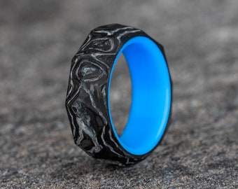 Damascus Style Carbon Fiber Ring with a Blue Glow Core