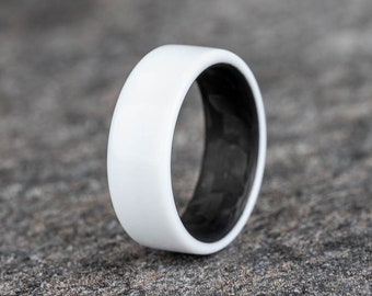 Pure Matte White Corian Band W/Carbon Fiber Band, Mens Wedding Band, Mens white Ring, Mens Ring, Carbon Band