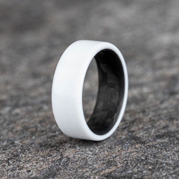 Pure Gloss White Corian Band W/Carbon Fiber Band, Mens Wedding Band, Mens white Ring, Mens Ring, Carbon Band