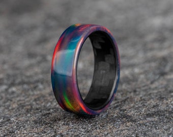 Synthetic Opal Ring W/ Inner Carbon Fiber Ring Core, Iridescent Ring, Color Changing Ring, Mens Wedding Band