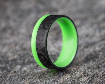 2/3rds Carbon 1/3 Green Glow Ring, Mens Glow Ring, Wedding Ring, Mens Ring