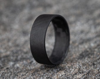 Men's Matte Black Ring Carbon Fiber Wedding Band Minimalist Ring with Gold Finished Interior Gift For Him
