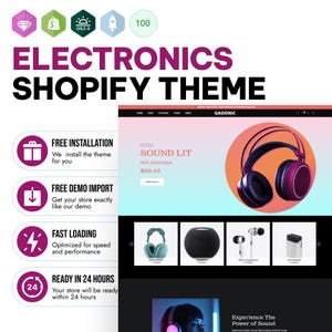 Puede incluir: Una pantalla digital de un tema de Shopify para electrónica llamado GAONIC, que presenta un diseño de sitio web con una página de producto para auriculares y una lista de características que incluyen instalación gratuita y carga rápida.