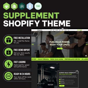 May include: A digital display of a Shopify theme for a supplement store, featuring the text Supplement Shopify Theme, Kitamin, Fuel Your Power, Push Your Limits, and Science-Built Strength, alongside icons for free installation, demo import, and speed.