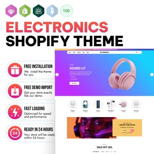 May include: A digital display of an electronics Shopify theme featuring a website layout with a pink headphone product image, navigation menus, product categories, and promotional text including 'Electronics Shopify Theme' and 'Sound Lit'.