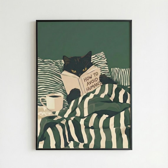 Cat Reading Book Print, Black Cat Wall Art, Cozy Bedroom Poster, Book Lover Cat Illustration, Cat In Bed Print, Home Decor, Digital Download