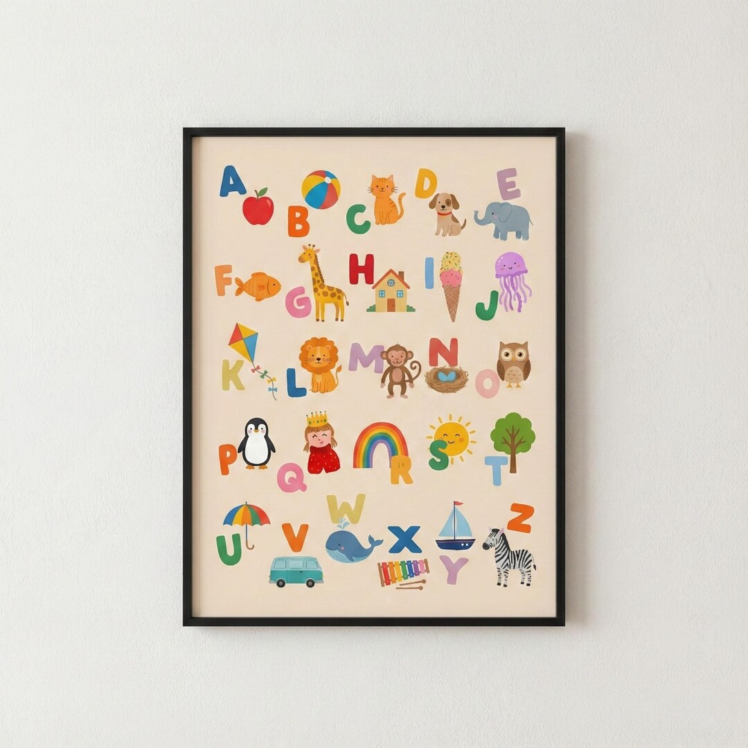 Alphabet Wall Art for Nursery, ABC Educational Poster With Cute Animals ...