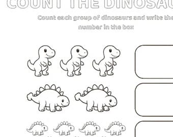 Hoja de trabajo para contar dinosaurios / Actividad matemática preescolar en blanco y negro / Imprimible para contar dinosaurios / PDF de matemáticas para niños