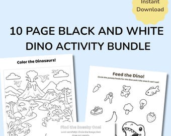 Paquete de actividades de dinosaurios de 10 páginas / Paquete preescolar / Imprimible en blanco y negro / Incluye actividades de emparejamiento, conteo, laberinto y PDF para colorear