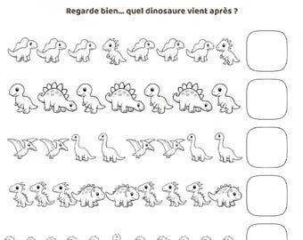 Hoja de trabajo sobre el patrón del dinosaurio en francés: actividad de secuenciación preescolar (PDF)