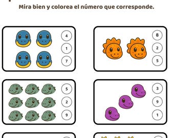 ES - Hoja de trabajo para contar dinosaurios / Actividad de reconocimiento de números para preescolar / PDF imprimible para niños / Rodea el número / ESPAÑOL