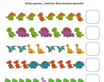 Hoja de trabajo con patrones de dinosaurios / Actividad de aprendizaje preescolar / PDF imprimible para niños / Patrones de dinosaurios / ALEMÁN