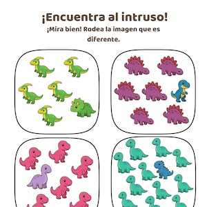 Può includere: Un foglio di attività per bambini con il testo "Trova l'intruso!" e "Guarda bene! Cerchia l'immagine che è diversa." Quattro riquadri contengono ciascuno un gruppo di dinosauri dei cartoni animati in vari colori. Il logo Henny Learning Lab si trova in basso a destra.